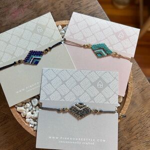 Pink House Beaded Bracelet Set - Blue, Green, Grey Metallic